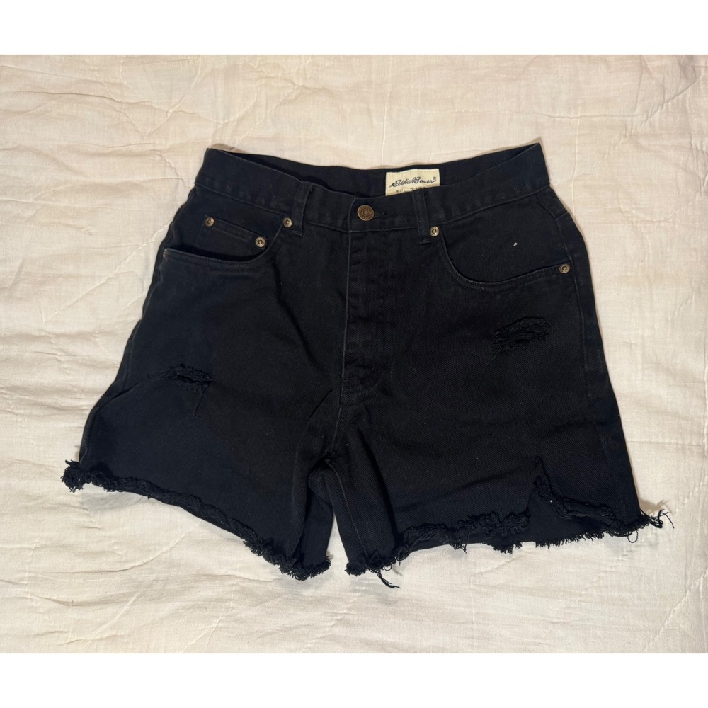Eddie Bauer Black Distressed High Waisted Denim Shorts Frayed Hem Womens Size 8